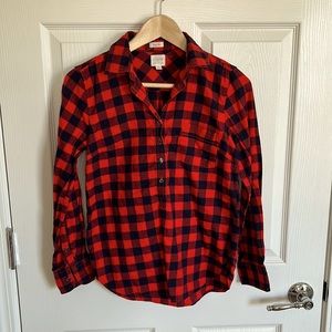 J. Crew Red & Navy Plaid Popover Flannel Shirt, XS Petite